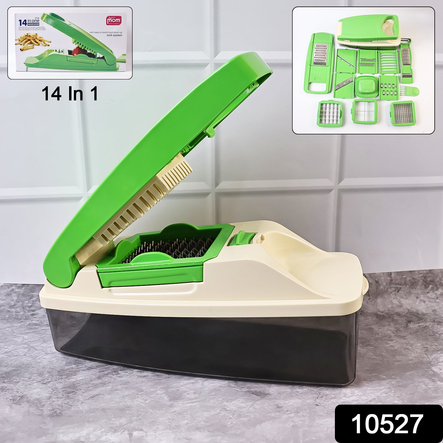 Wukusy Supermom 14-in-1 Nicer Dicer vegetable and fruit chopper with multiple blades for easy food preparation.