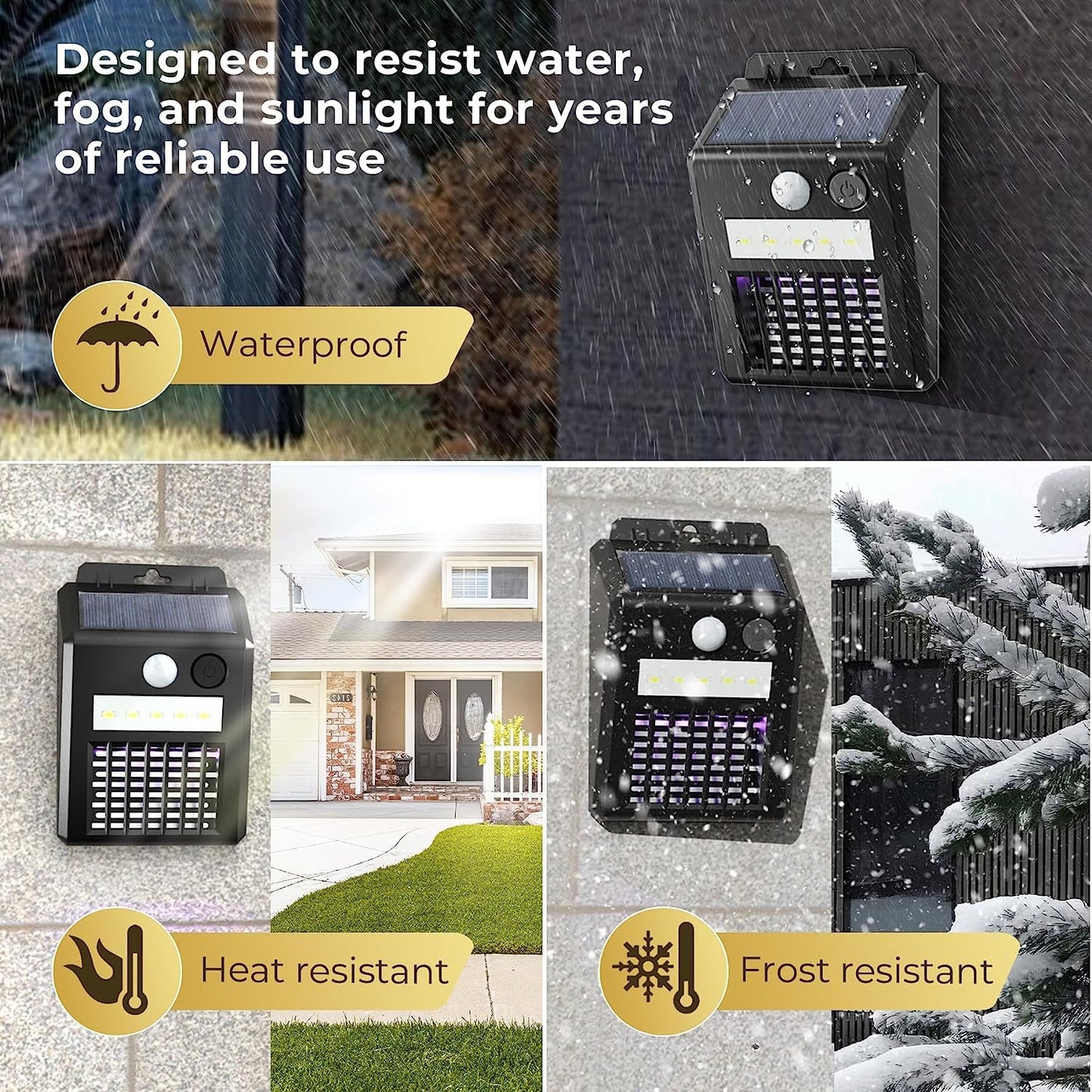 Wukusy outdoor 2-in-1 solar mosquito zapper lamp with UV light, insect trap, and solar panel for home mosquito control.