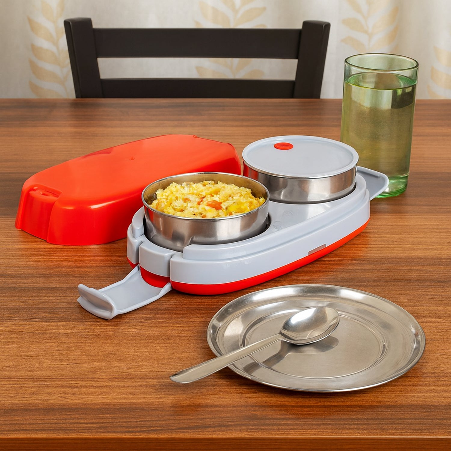 Wukusy Orbit electric lunch box with dual stainless steel containers for home and kitchen use, portable food heating and storage system