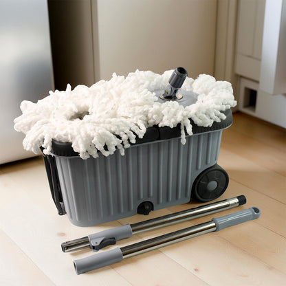 Wukusy Apex Magic Spin Mop cleaning set with dual chamber bucket and wheels, featuring a mop with microfiber head and adjustable handle.
