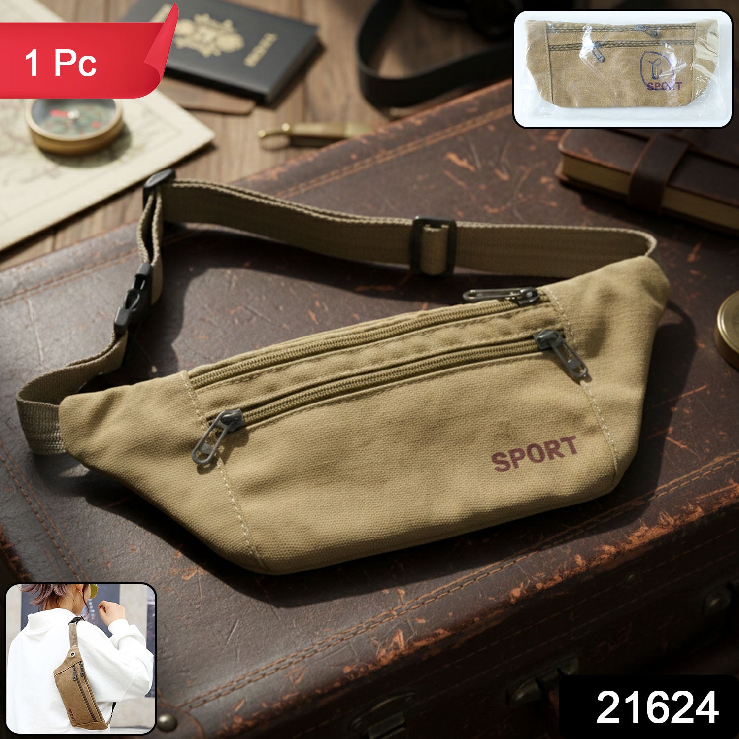 Wukusy canvas waist pouch sling bag with adjustable strap, featuring multiple compartments for versatile storage.