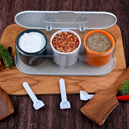 Wukusy 3-grid spice masala box kit with spoons in multicolor for home kitchen storage of spices and seasonings.