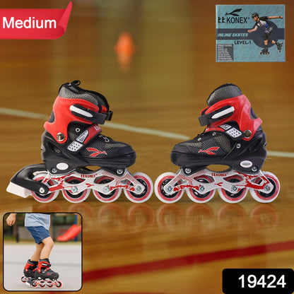 Pair of Wukusy professional adjustable inline skates for kids and adults, medium size, with black and colorful accents, on smooth surface.