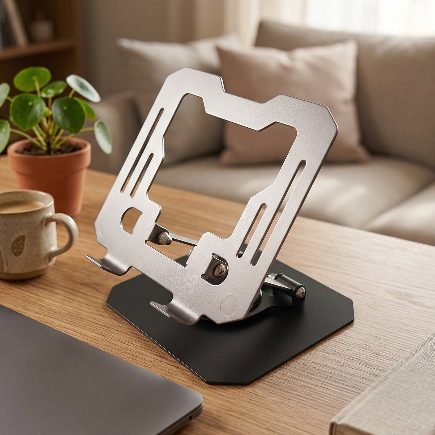 Wukusy premium adjustable foldable metal laptop stand with ventilation and height settings, designed for ergonomic workspace setup.