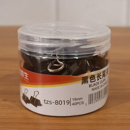 Black heavy-duty binder clips set by Wukusy, 19 mm, 40 pieces, shown clamped on paper with metal handles raised.