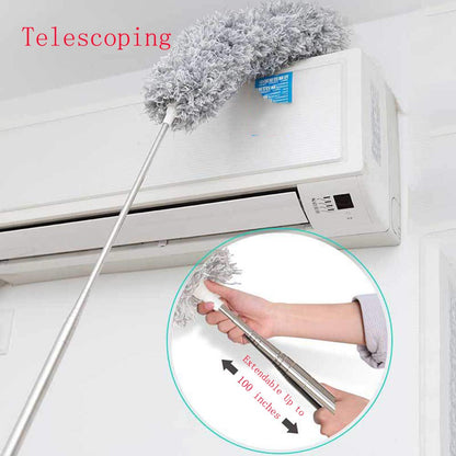 Wukusy microfiber telescoping feather duster with 100-inch extendable handle for cleaning high ceilings, fans, blinds, and cobwebs.