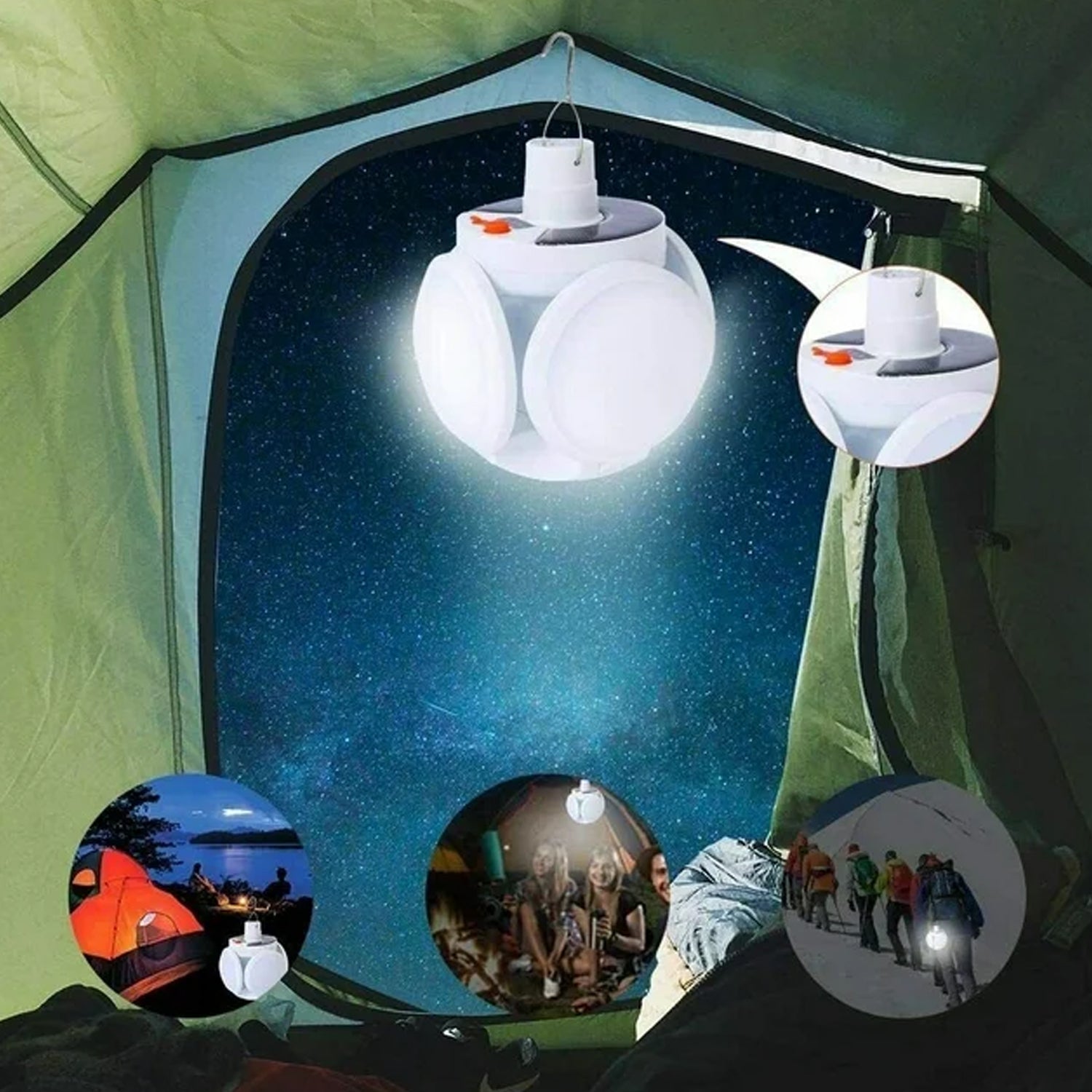 Wukusy 12590 solar multi-functional emergency LED camping lamp with USB charging, foldable, waterproof, with 5 brightness modes in black