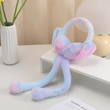 Soft plush winter earmuffs for kids by Wukusy, showing pink and gray cozy earmuffs with fluffy material and headband design.