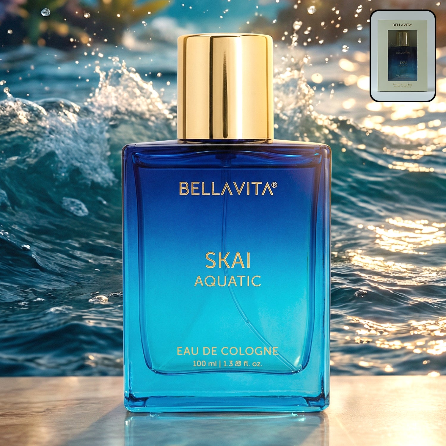 Bellavita Premium Skai Aquatic Eau De Cologne perfume bottle by Wukusy, 100ml, featuring a sleek design and aquatic fragrance.