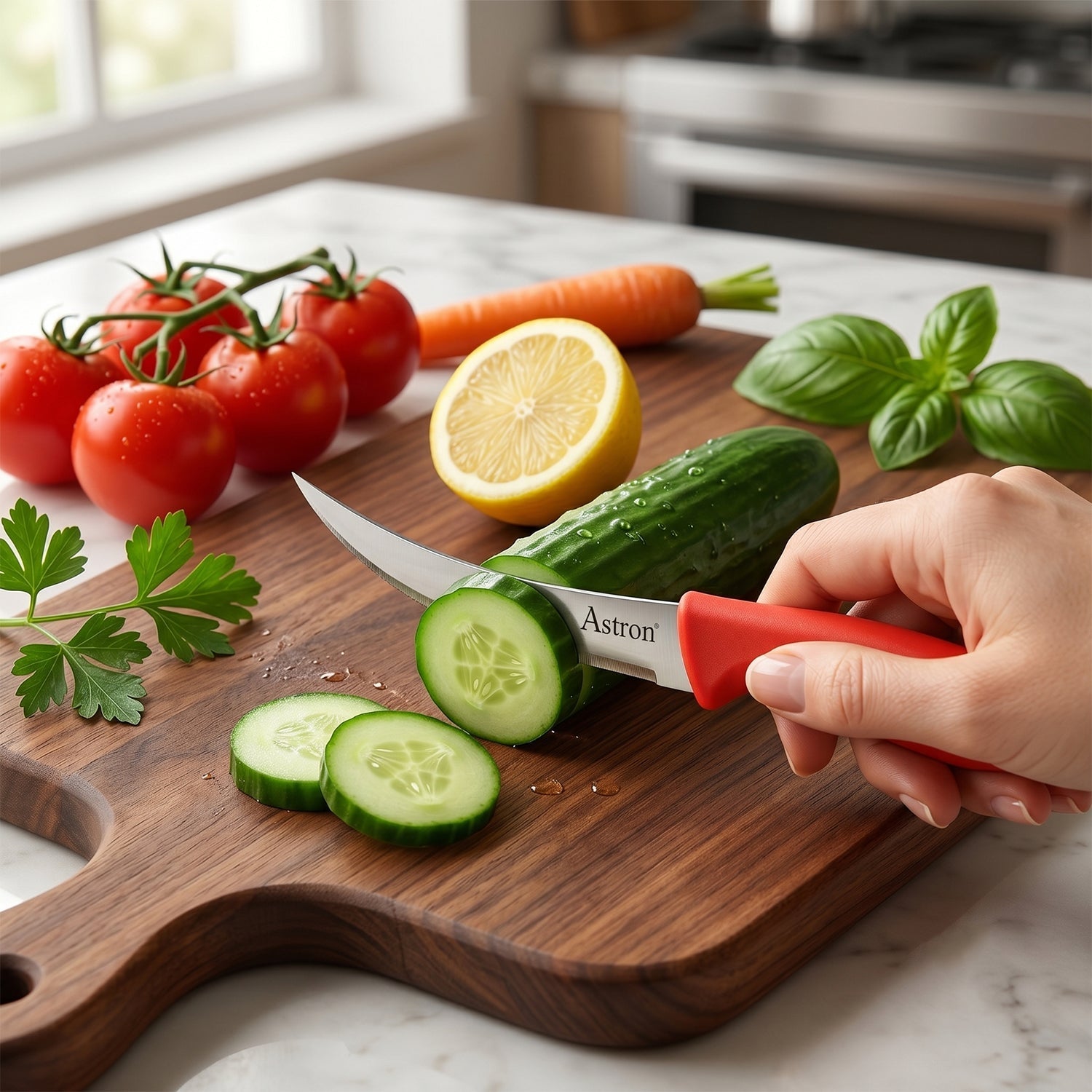 Wukusy Ss Classic kitchen knife set with three stainless steel knives and plastic handles, displayed on a wooden cutting board.