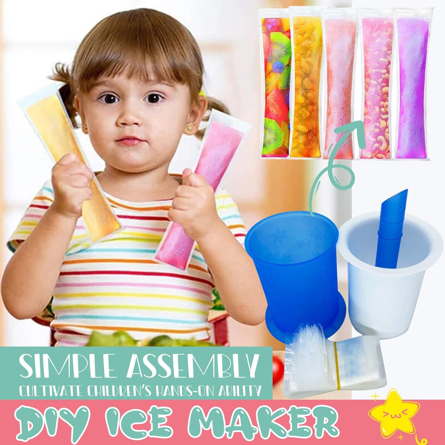 Wukusy homemade popsicle maker with reusable mold, 20-piece packing bag, manual ice cream machine for kids and adults, DIY fun.
