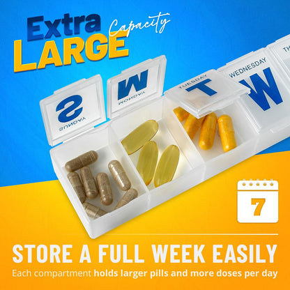 Wukusy 7-day plastic pill box organizer with daily compartments for medication storage, compact and portable.
