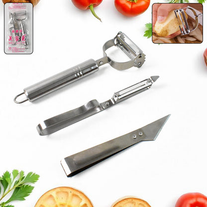 Wukusy 3-in-1 stainless steel vegetable and fruit peeler set with three different peelers for efficient peeling and slicing.