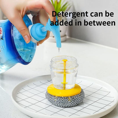 Wukusy handheld soap dispenser with scrub set, featuring a compact dispenser and scrubbing brush for kitchen or bathroom cleaning.