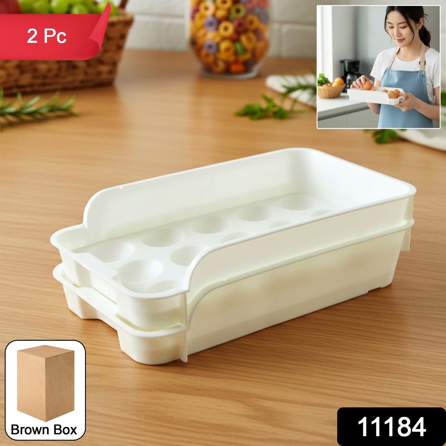 Wukusy plastic egg storage tray holder set with two clear, stackable trays for organizing eggs in refrigerator or kitchen.