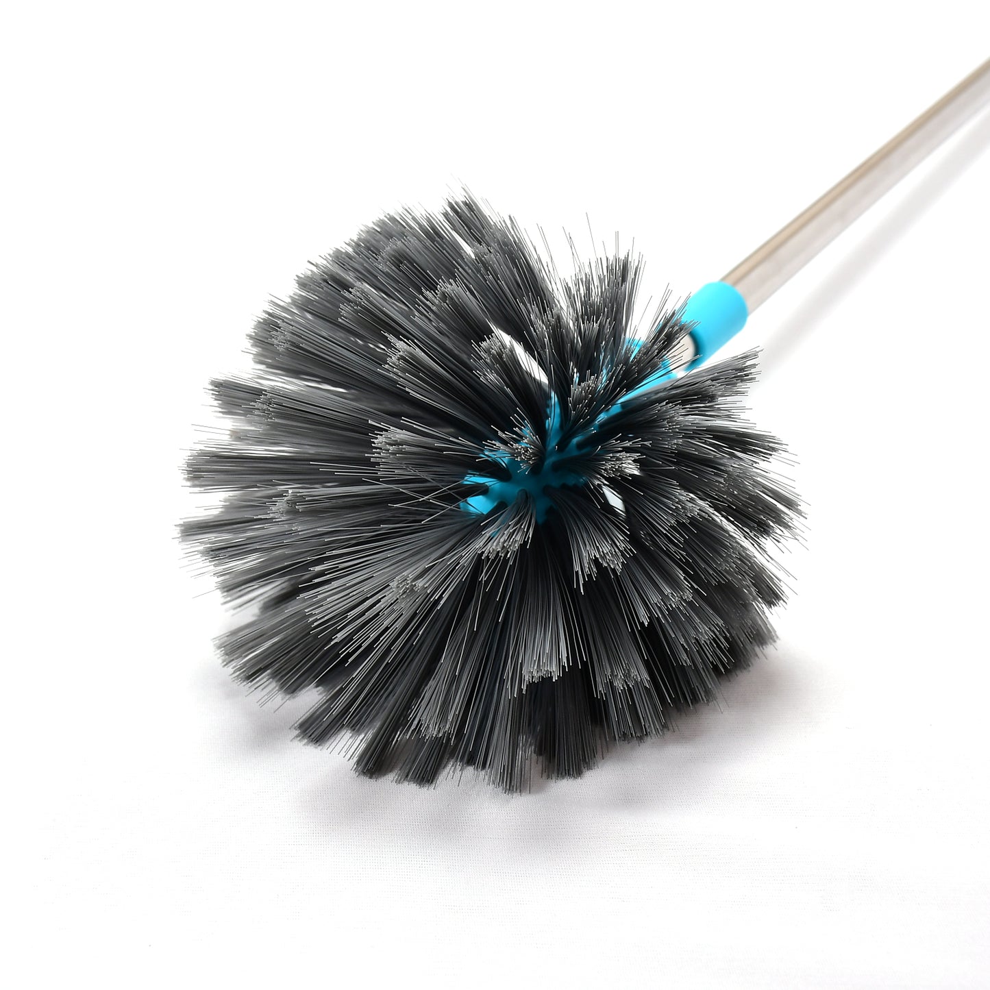 Wukusy cobweb brush with stainless steel handle, extendable for ceiling dusting, cleaning webs on lights and fans in home and kitchen.