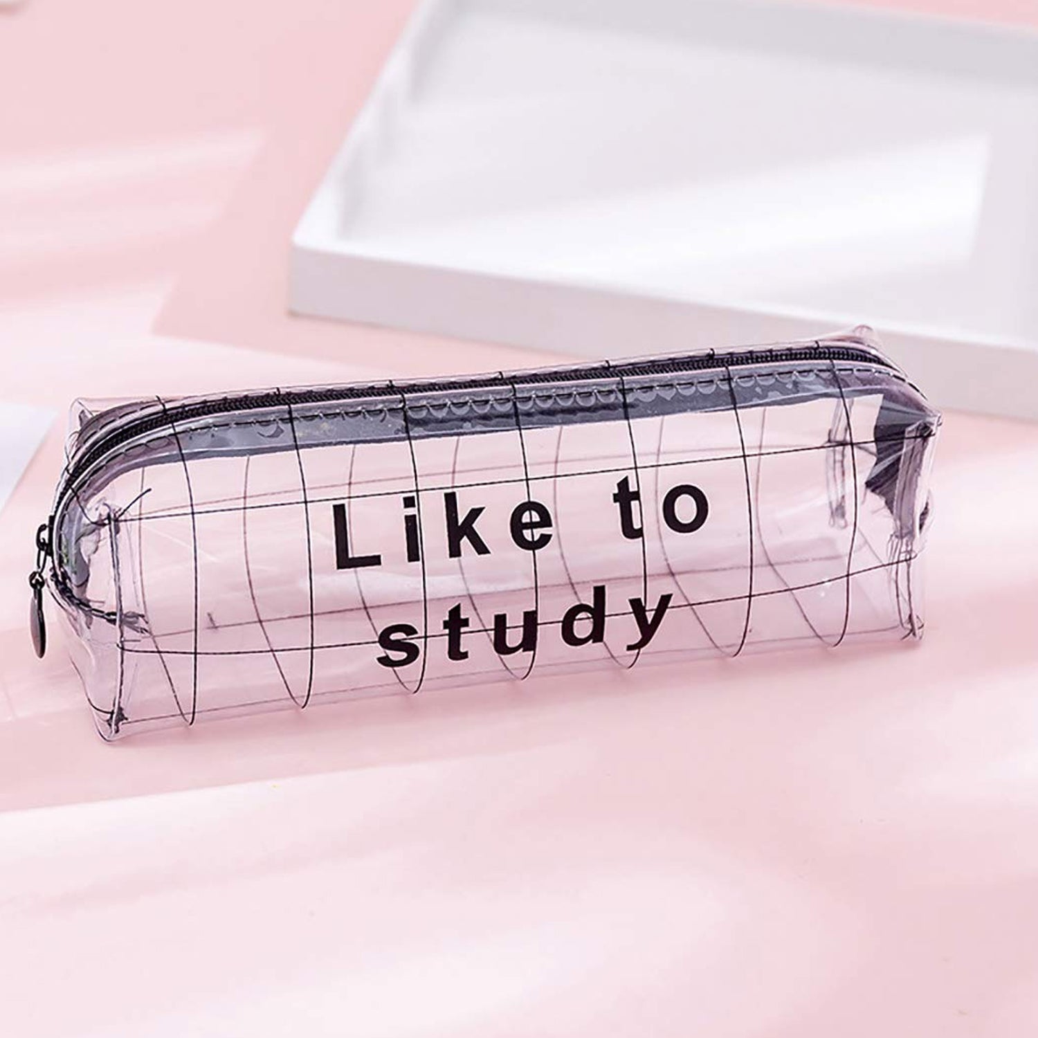 Clear plastic pencil pouch with zipper for office supplies, featuring the Wukusy brand logo and spacious interior for organization.