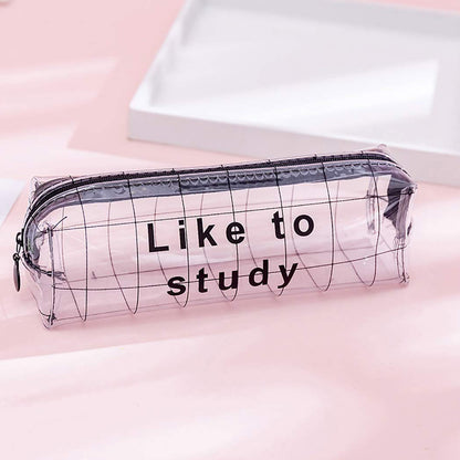 Clear plastic pencil pouch with zipper for office supplies, featuring the Wukusy brand logo and spacious interior for organization.