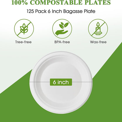 Wukusy Freshee 6-inch round compostable bagasse plate, set of 10, ideal for eco-friendly home and kitchen use.