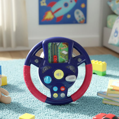 Wukusy musical steering wheel driving toy for kids, featuring colorful buttons and a realistic design for imaginative play.