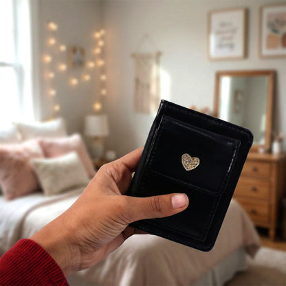Wukusy compact snap button card holder wallet showing multiple card slots and secure snap closure in black leather.
