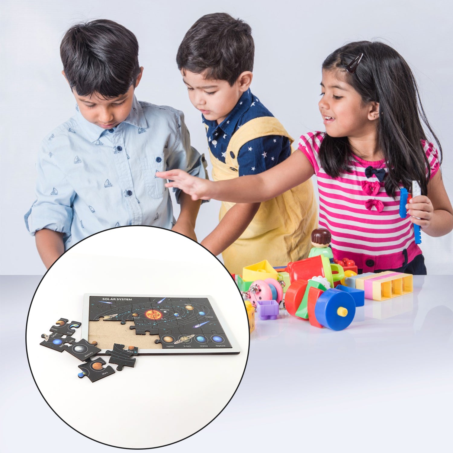 Wooden Solar System puzzle toy for kids by Wukusy, featuring planets and space-themed pieces for educational play.