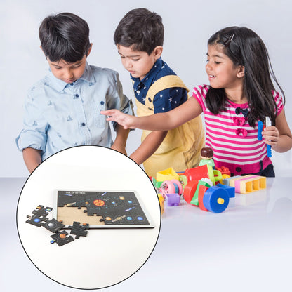 Wooden Solar System puzzle toy for kids by Wukusy, featuring planets and space-themed pieces for educational play.