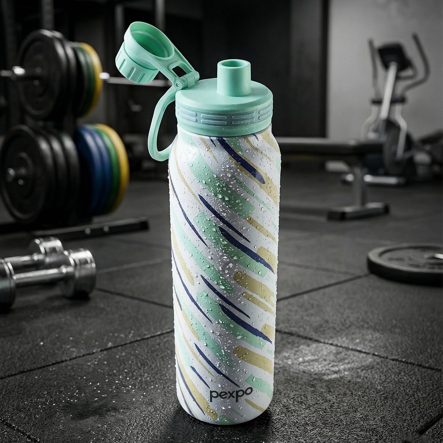 Wukusy Pexpo Austin Art stainless steel water bottle 1000 ml with colorful design and secure screw cap on a white background