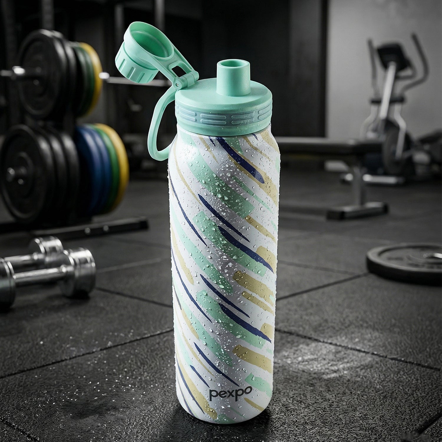 Wukusy Pexpo Austin Art stainless steel water bottle 1000 ml with colorful design and secure screw cap on a white background