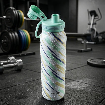 Wukusy Pexpo Austin Art stainless steel water bottle 1000 ml with colorful design and secure screw cap on a white background