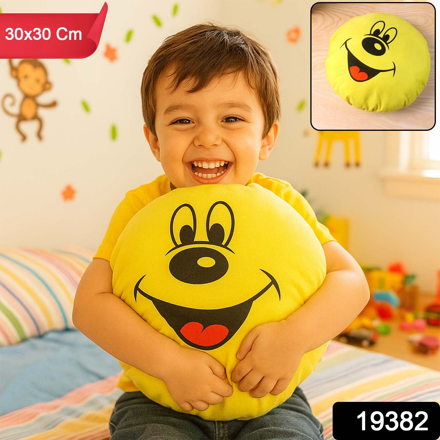 Cute round smiley face soft pillow cushion by Wukusy, 30x30 cm, plush and cozy for decorative or comfort use.