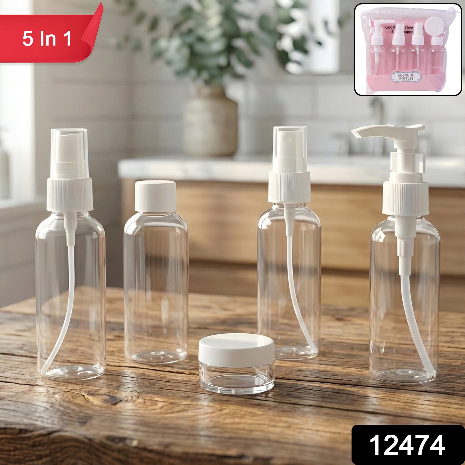 Wukusy 5-in-1 refillable travel cosmetic bottle set with clear containers and pump dispensers for toiletries and skincare.
