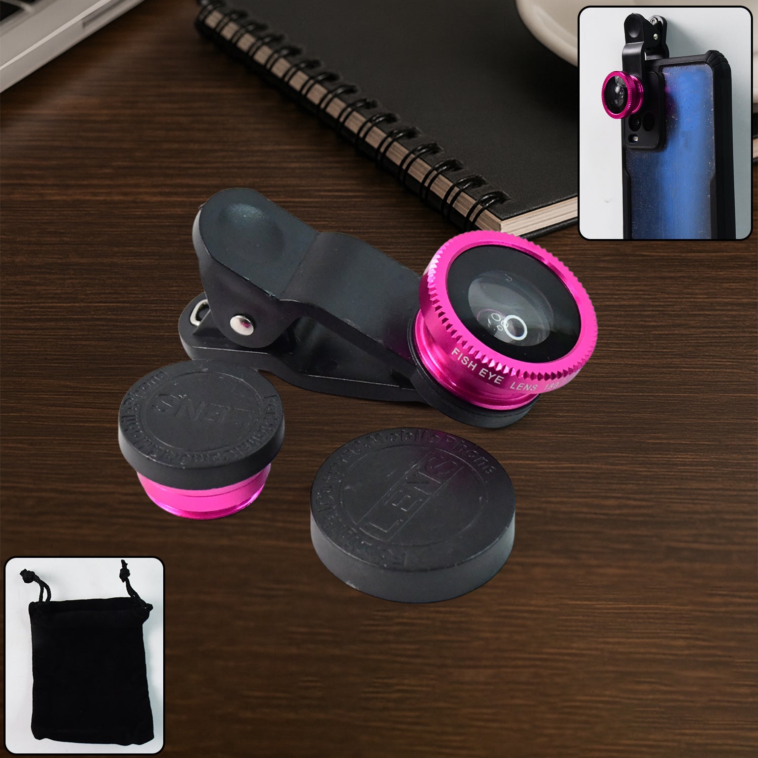 Wukusy universal clip-on mobile camera lens set attached to a smartphone, enhancing photo quality with wide-angle and macro options.