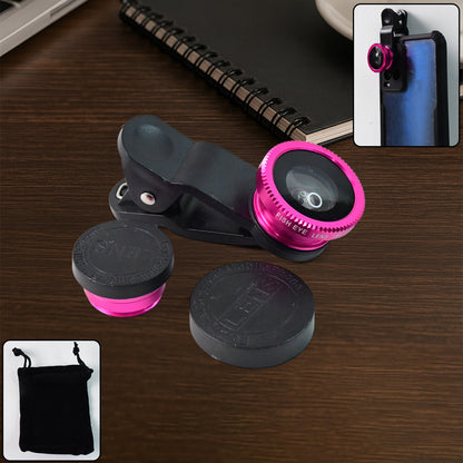 Wukusy universal clip-on mobile camera lens set attached to a smartphone, enhancing photo quality with wide-angle and macro options.
