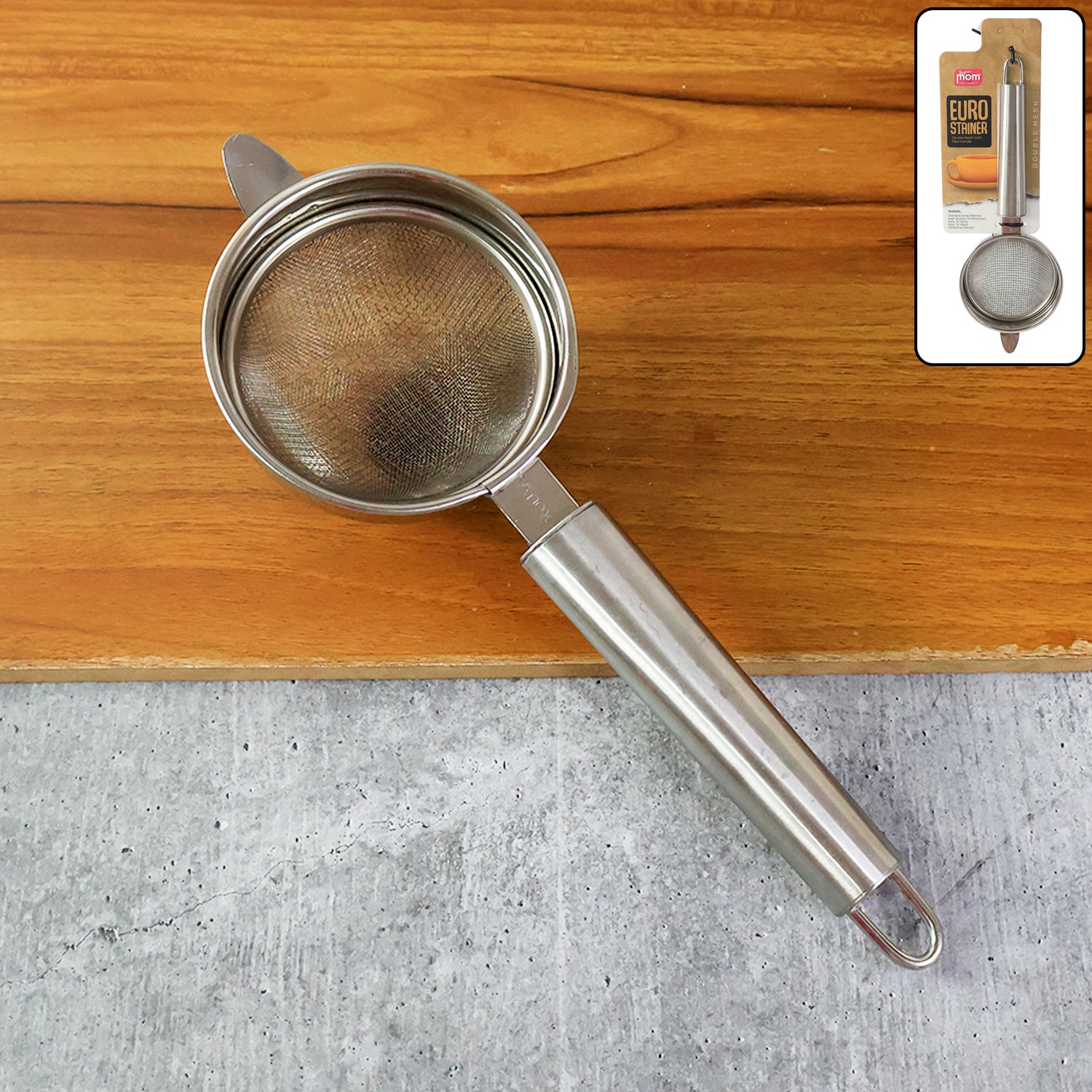 Wukusy Supermom Medium Euro Mesh Strainer for kitchen use, featuring fine mesh for straining liquids and small particles.