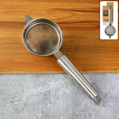 Wukusy Supermom Medium Euro Mesh Strainer for kitchen use, featuring fine mesh for straining liquids and small particles.