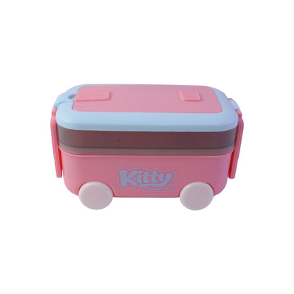Wukusy car-shaped kids lunch box with wheels, spoon, and fork, perfect for school tiffin, featuring colorful vehicle design.