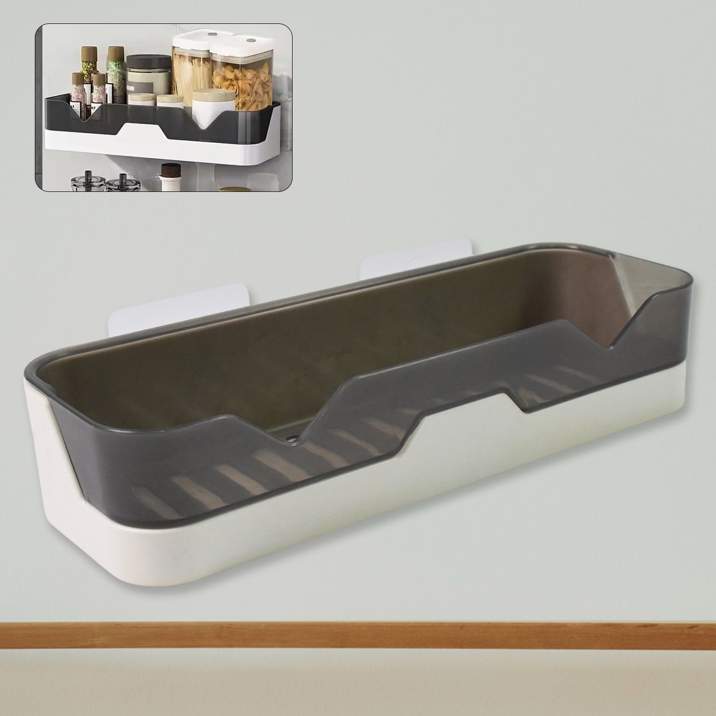 Wall mounted adhesive bathroom shower caddy shelf by Wukusy, made of plastic, with multiple compartments for toiletries.