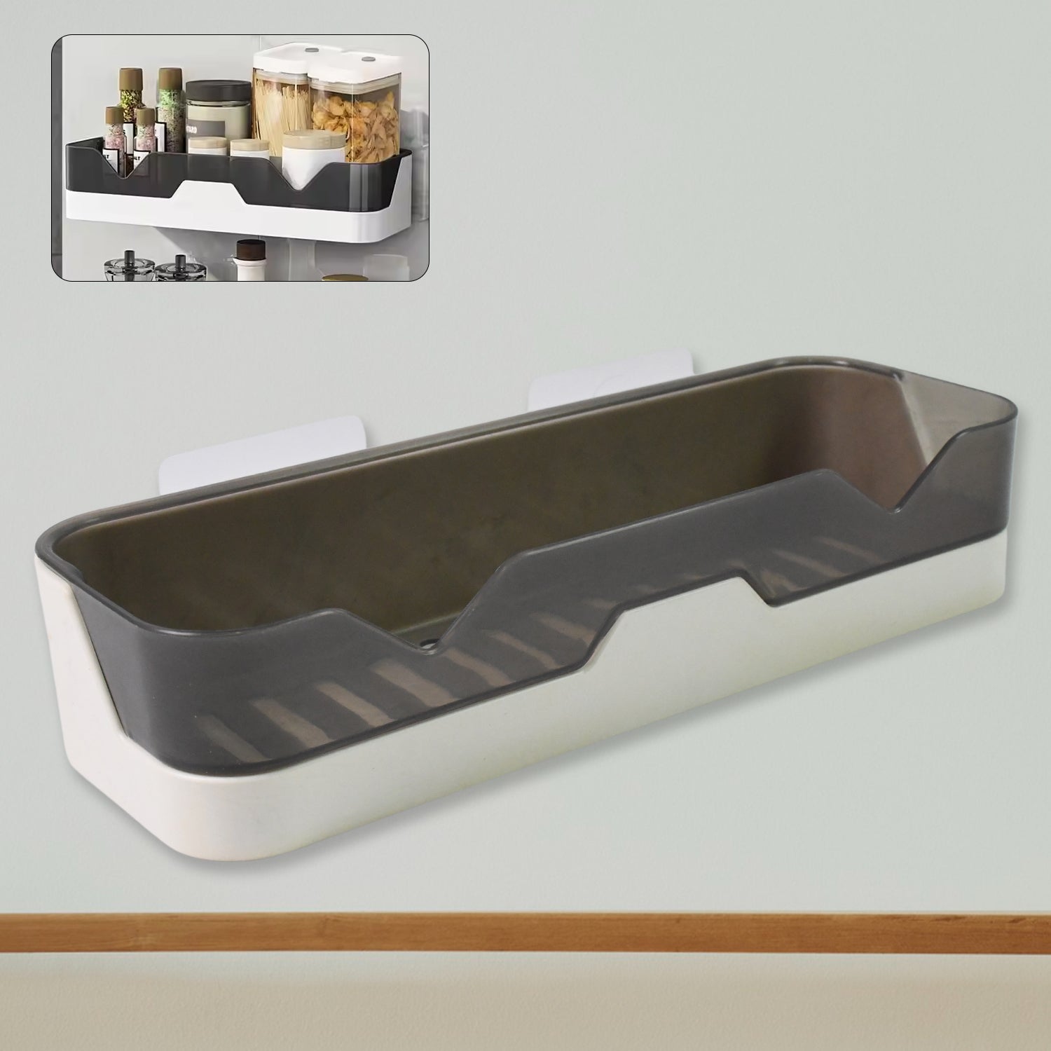 Wall mounted adhesive bathroom shower caddy shelf by Wukusy, made of plastic, with multiple compartments for toiletries.