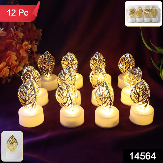 Set of 12 golden leaf-shaped flameless LED candles by Wukusy for elegant home decor, featuring leaf designs and warm LED lighting.