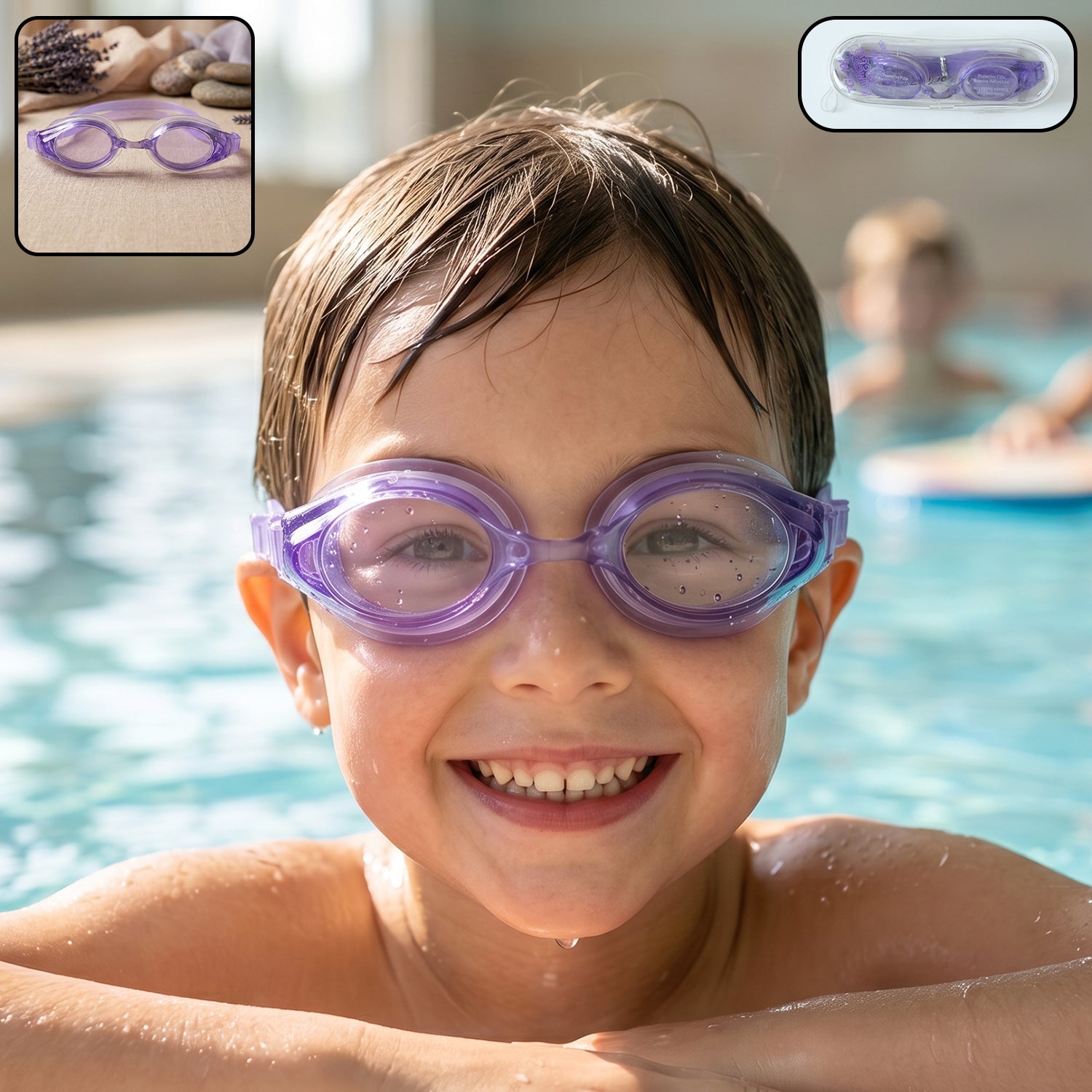 Kids lightweight swimming goggles by Wukusy with flexible frame and leak-proof seal, designed for comfortable swimming.