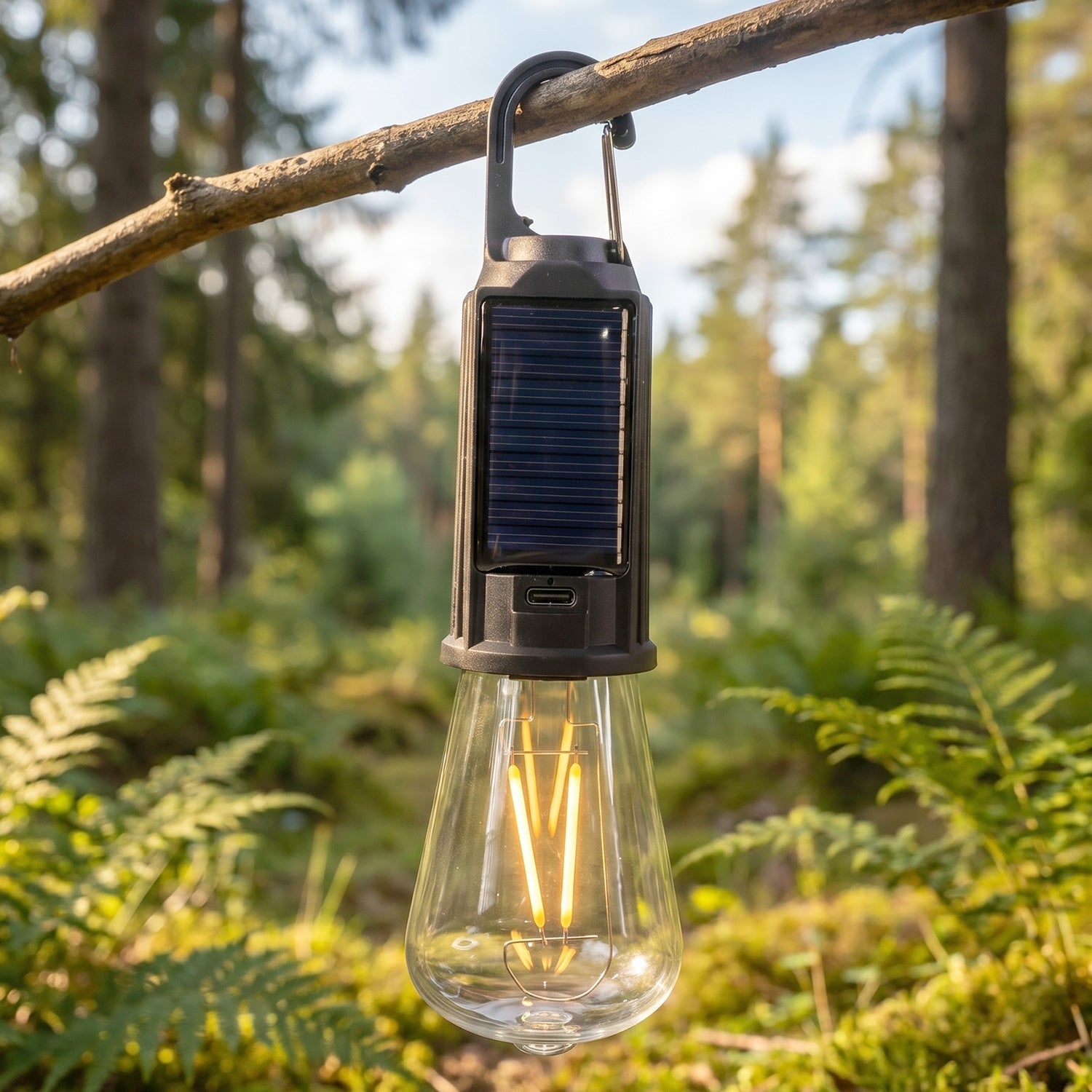Wukusy solar rechargeable camping lamp with warm LED light, hook for portable outdoor use, compact and lightweight design