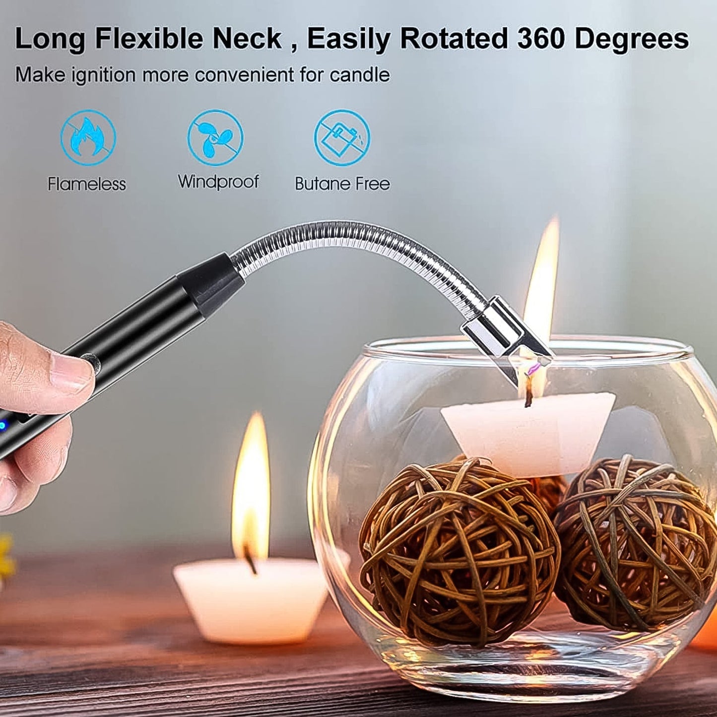 Wukusy long flexible electric plasma lighter with USB recharge, windproof flameless design, ideal for home improvement tasks.