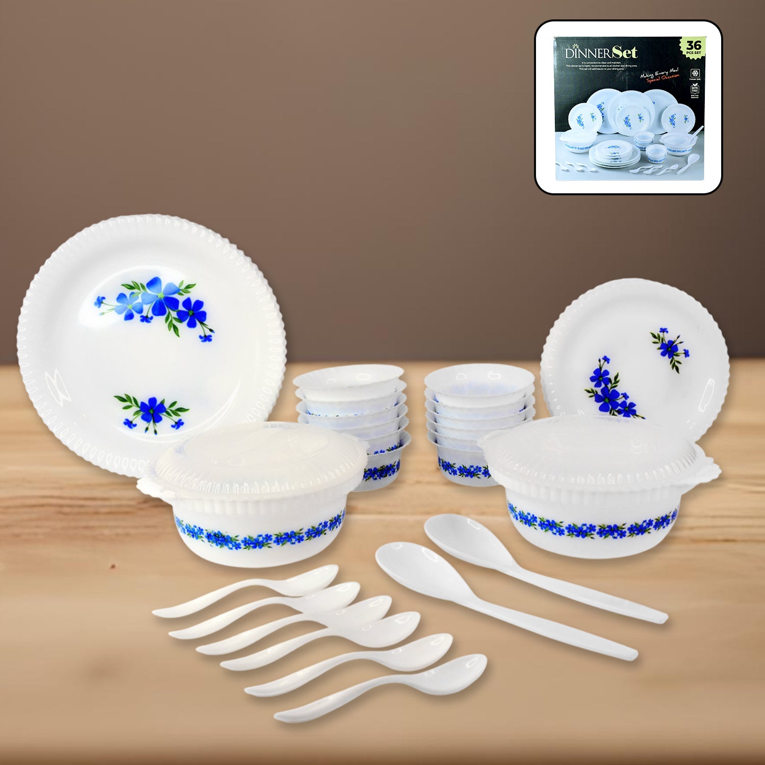 Wukusy 36-piece premium dinner set includes plates, bowls, and cups arranged on a wooden table for elegant dining.