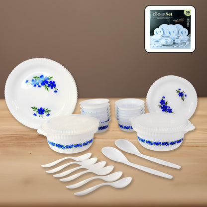 Wukusy 36-piece premium dinner set includes plates, bowls, and cups arranged on a wooden table for elegant dining.
