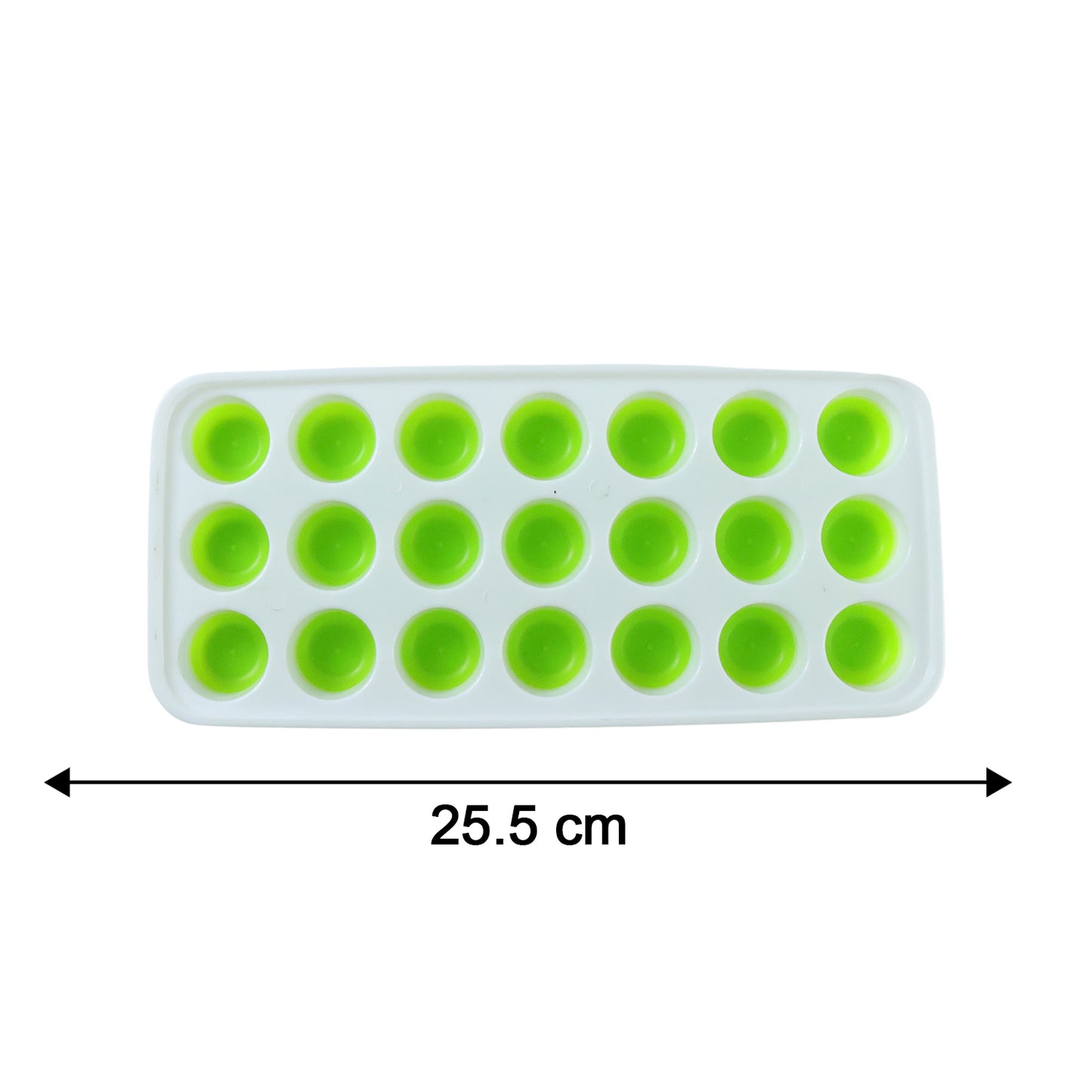 Wukusy 21-grid plastic round pop ice cube tray with lid, showing the tray filled with round ice cubes and a clear lid on top
