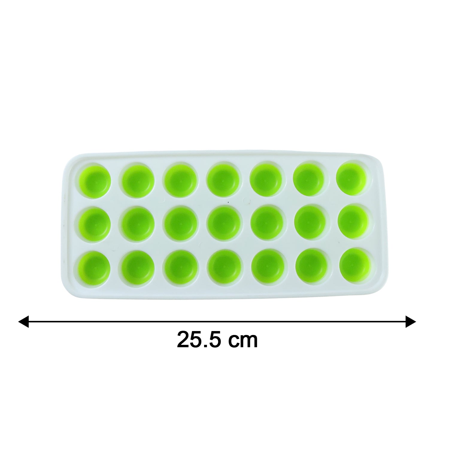Wukusy 21-grid plastic round pop ice cube tray with lid, showing the tray filled with round ice cubes and a clear lid on top