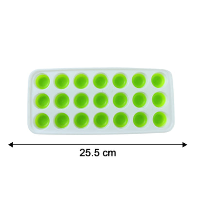 Wukusy 21-grid plastic round pop ice cube tray with lid, showing the tray filled with round ice cubes and a clear lid on top