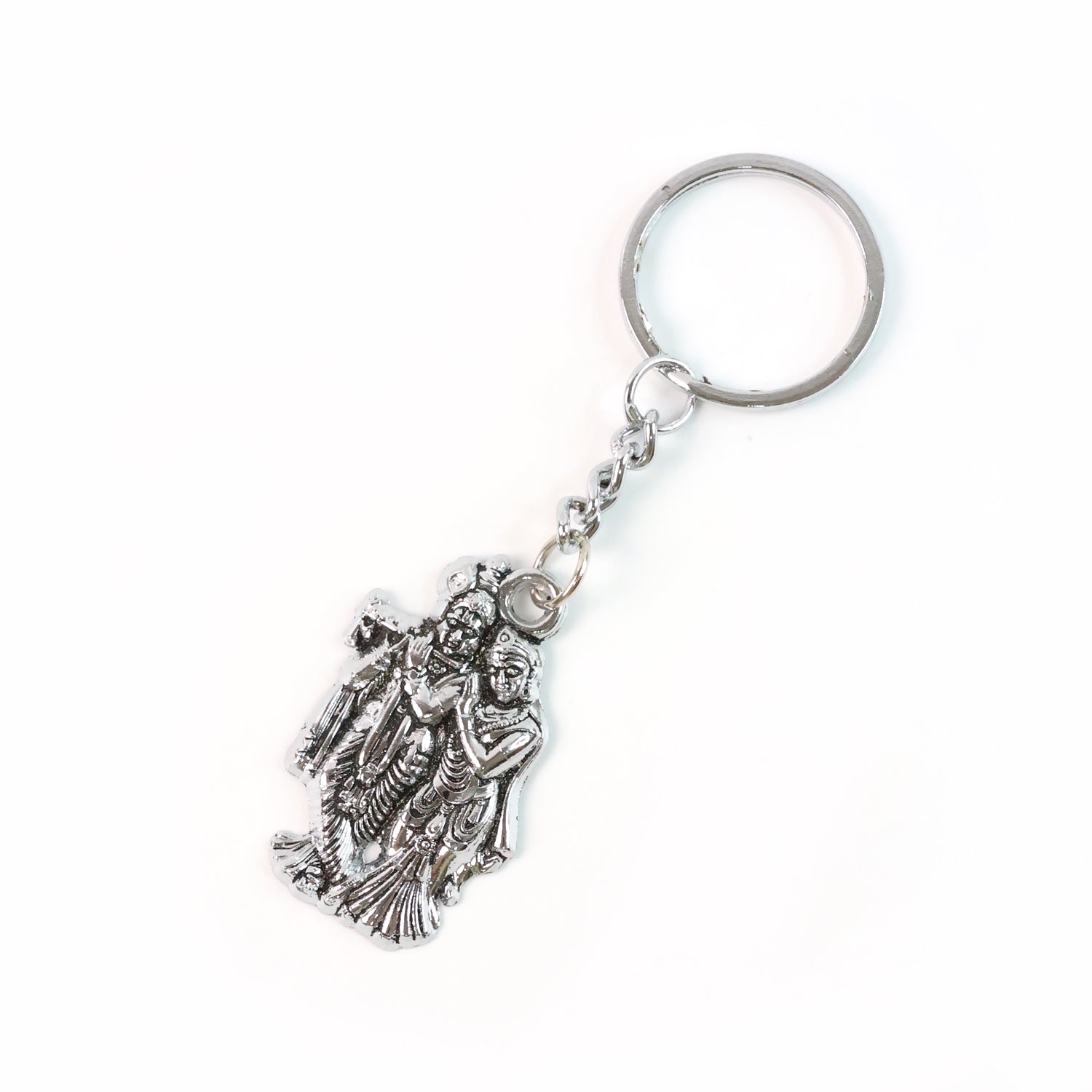 Set of two Wukusy Radha Krishna metal keychains with intricate design, featuring traditional Hindu deity motifs.