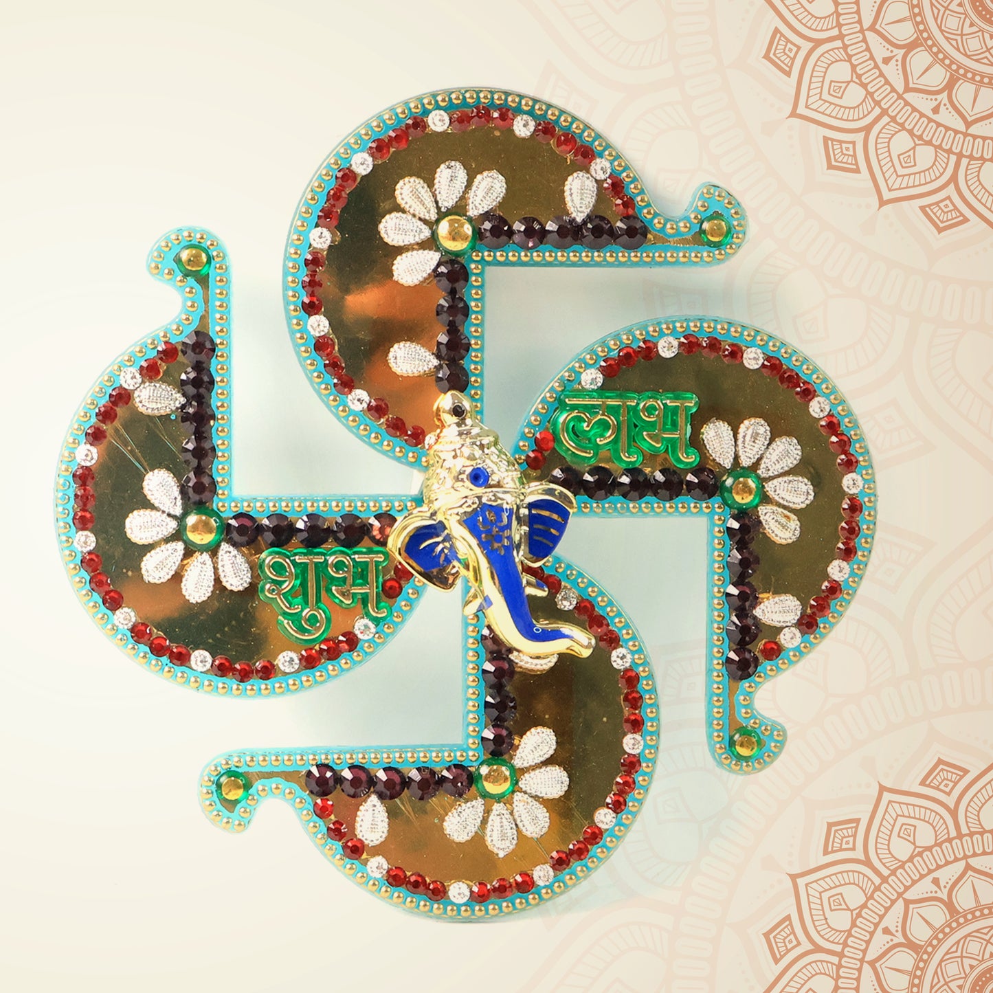 Golden Swastik Shubh Labh wall hanging with Ganesh idol, decorative home decor piece by Wukusy featuring traditional Indian symbolism.